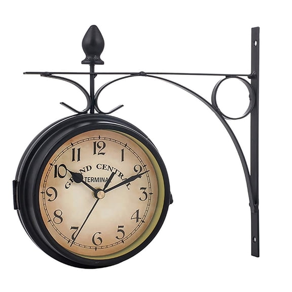 Wall Clock Iron Round Wall Hanging Double Sided Two Faces Station Clock Round Chandelier Wall Hanging Clock Home Decor