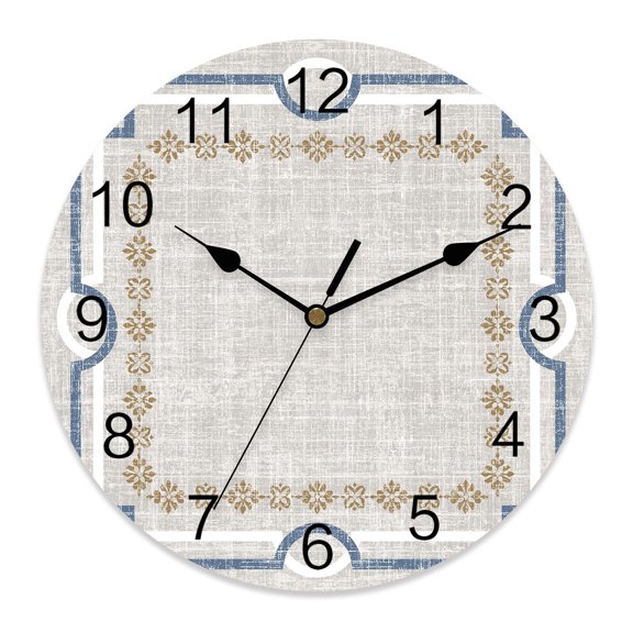 Wall Clock Ivory Linen Border Clocks PVC Silent Non-Ticking Battery Operated Decorative Floral Lines Frame Round Clock for Home Living Room Kitchen Bedroom Office School Wall Decor 10 Inch