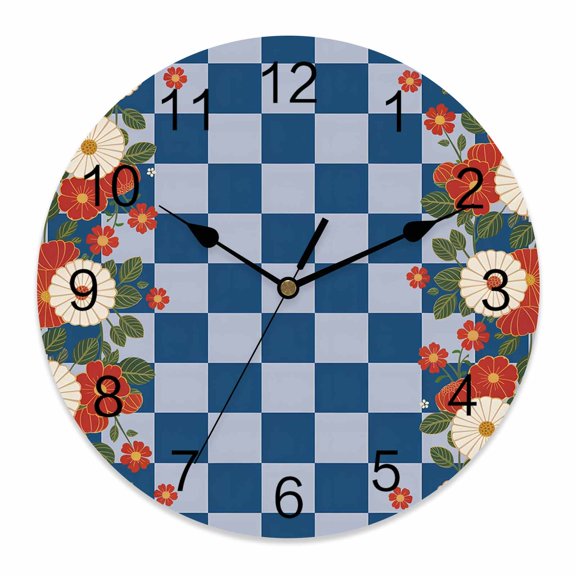 Wall Clock Japanese Style Flowers Clocks PVC Silent Non-Ticking Battery Operated Decorative Harmony Blue Check Buffalo Plaid Round Clock for Home Living Room Kitchen Bedroom Wall Decor 10 Inch
