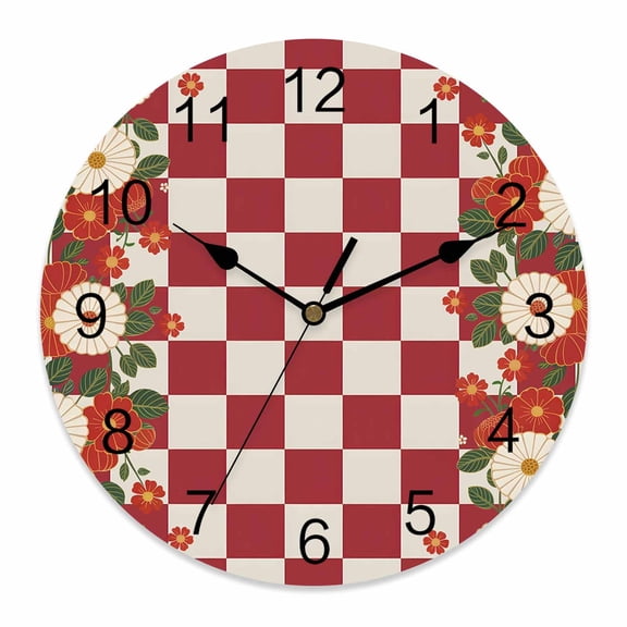 Wall Clock Japanese Style Flowers Clocks PVC Silent Non-Ticking Battery Operated Decorative Harmony Red Buffalo Plaid Round Clock for Home Living Room Kitchen Bedroom Office Wall Decor 10 Inch