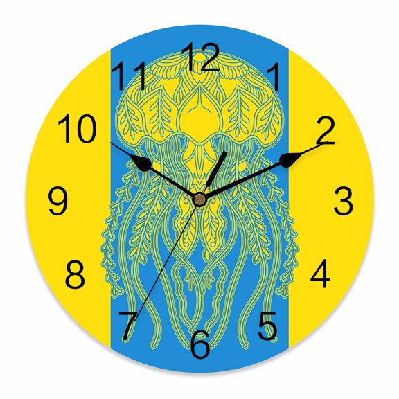 Wall Clock Jellyfish Clocks PVC Silent Non-Ticking Battery Operated Decorative Blue Yellow Stripes Lines Round Clock for Home Living Room Kitchen Bedroom Office School Wall Decor 10 Inch