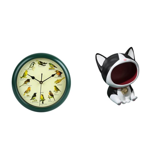 Wall Clock Key Bowl Cat Figure Large Resin Design Wild Bird Songs for Living Room Bedroom Table