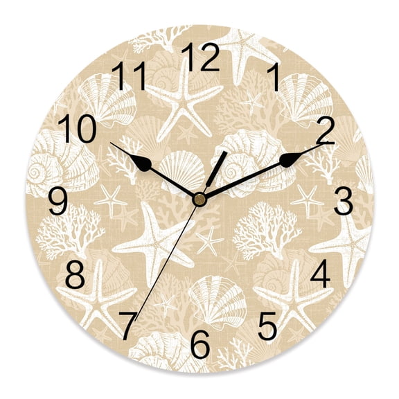 Wall Clock Khaki Coastal Marine Life Clocks PVC Silent Non-Ticking Battery Operated Decorative Starfish Shell Conch Round Clock for Home Living Room Kitchen Bedroom Office School Wall Decor 10 Inch