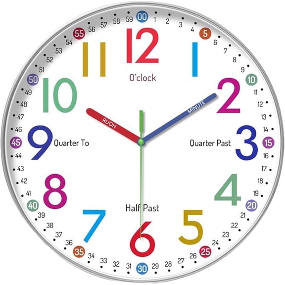 Vocoo 12 inch Wall Clock for Kids Teaching Clock, Silent Non Ticking Battery Operated Colorful Numbers Teaching Time Clock for Kids Room Classroom School