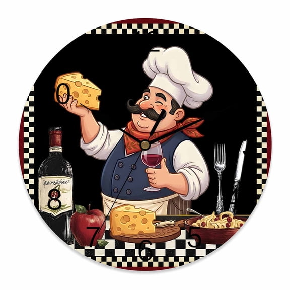 Wall Clock Kitchen Chef Clocks PVC Silent Non-Ticking Battery Operated Red Wine Cheese Bistro Black Buffalo Plaid Round Clock for Home Living Room Kitchen Bedroom Office School Wall Decor 10 Inch