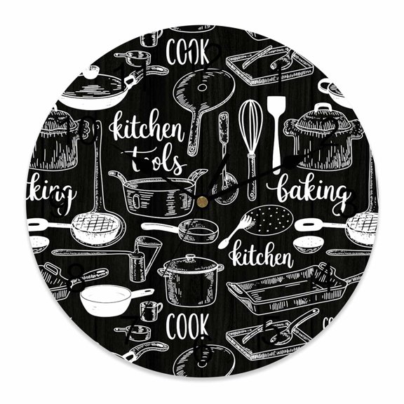 Wall Clock Kitchen Tools Clocks PVC Silent Non-Ticking Battery Operated Decorative Utensils Pots Pans Spoon Fork Round Clock for Home Living Room Kitchen Bedroom Office School Wall Decor 10 Inch
