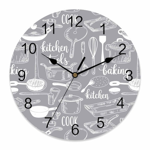 Wall Clock Kitchen Tools Clocks PVC Silent Non-Ticking Battery Operated Grey Utensils Pots Pans Spoon Fork Round Clock for Home Living Room Kitchen Bedroom Office School Wall Decor 10 Inch