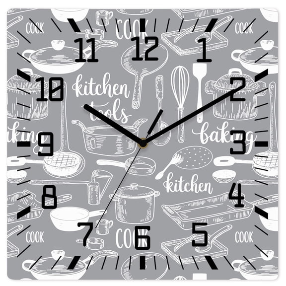 Wall Clock Kitchen Tools Operated Square Clocks Wooden Silent Non-Ticking Wallclock 12 Inch Grey Utensils Pots Pans Spoon Fork Wood Wall Clock for Living Room Bedroom Office Shool Home Decor