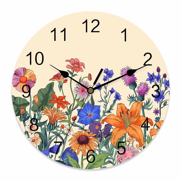 Wall Clock Lavender Flower Clocks PVC Silent Non-Ticking Battery Operated Decorative Colorful Flower Plant Beige Round Clock for Home Living Room Kitchen Bedroom Office School Wall Decor 14 Inch
