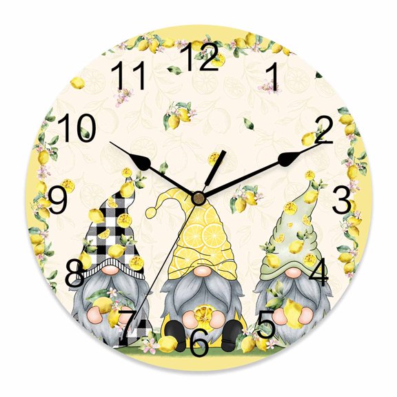 Wall Clock Lemon Gnome Clocks PVC Silent Non-Ticking Battery Operated Decorative Yellow Summer Fruit Floral Round Clock for Home Living Room Kitchen Bedroom Office School Wall Decor 10 Inch