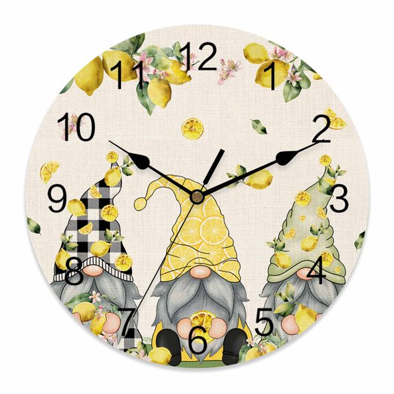 Wall Clock Lemon Gnome Clocks PVC Silent Non-Ticking Battery Operated Decorative Yellow Summer Fruit Flower Linen Round Clock for Home Living Room Kitchen Bedroom Office School Wall Decor 10 Inch