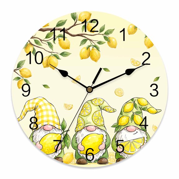 Wall Clock Lemon Gnomes Clocks PVC Silent Non-Ticking Battery Operated Decorative Summer Fruit Branches Round Clock for Home Living Room Kitchen Bedroom Office School Wall Decor 10 Inch