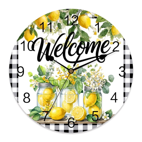 Wall Clock Lemon Mason Jars Clocks PVC Silent Non-Ticking Battery Operated Decorative Summer Fruit Black Plaid Welcome Round Clock for Home Living Room Kitchen Bedroom Office Wall Decor 10 Inch