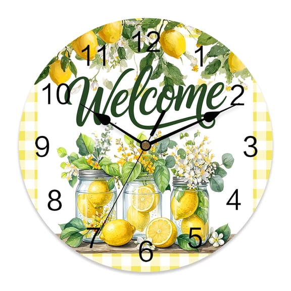 Wall Clock Lemon Mason Jars Clocks PVC Silent Non-Ticking Battery Operated Decorative Summer Fruit Flower Plaid Welcome Round Clock for Home Living Room Kitchen Bedroom Office Wall Decor 10 Inch