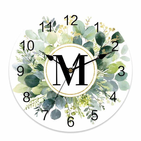 Wall Clock Letter M Clocks PVC Silent Non-Ticking Battery Operated Decorative Alphabet Green Eucalyptus Leaves Round Clock for Home Living Room Kitchen Bedroom Office School Wall Decor 10 Inch