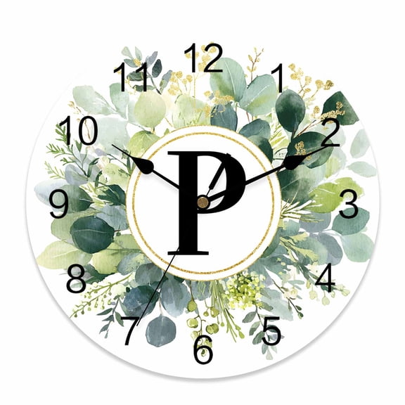 Wall Clock Letter P Clocks PVC Silent Non-Ticking Battery Operated Decorative Alphabet Green Eucalyptus Leaves Round Clock for Home Living Room Kitchen Bedroom Office School Wall Decor 10 Inch