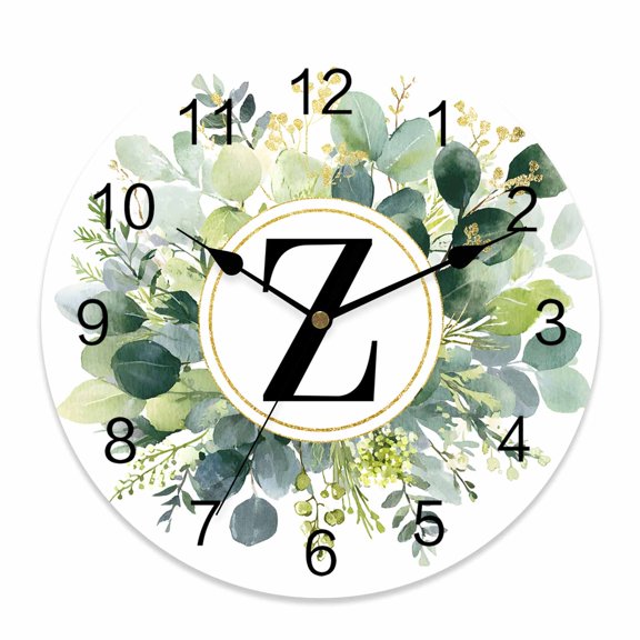Wall Clock Letter Z Clocks PVC Silent Non-Ticking Battery Operated Decorative Alphabet Green Eucalyptus Leaves Round Clock for Home Living Room Kitchen Bedroom Office School Wall Decor 10 Inch