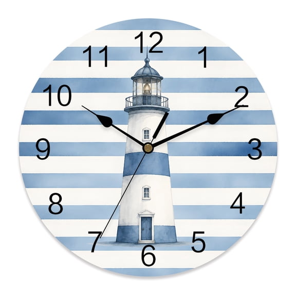 Wall Clock Lighthouse Clocks PVC Silent Non-Ticking Battery Operated Decorative Coastal Ocean Blue Stripes Round Clock for Home Living Room Kitchen Bedroom Office School Wall Decor 10 Inch