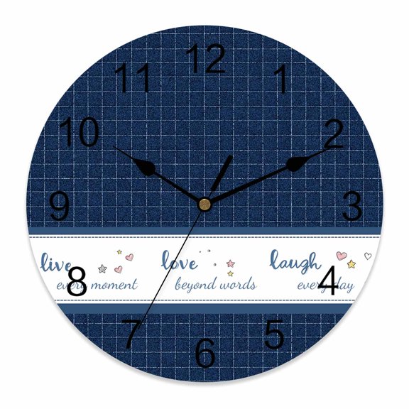 Wall Clock Live Love Laugh Clocks PVC Silent Non-Ticking Battery Operated Decorative Blue Check Buffalo Plaid Round Clock for Home Living Room Kitchen Bedroom Office School Wall Decor 10 Inch
