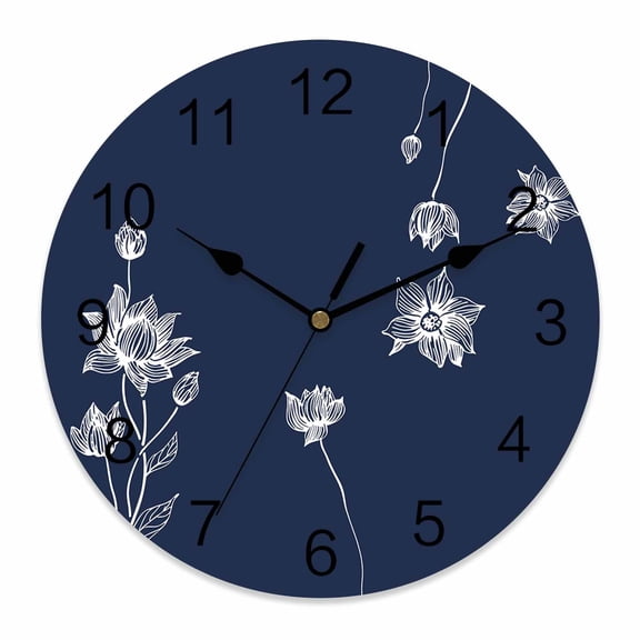 Wall Clock Lotus Flowers Clocks PVC Silent Non-Ticking Battery Operated Decorative Harmony Floral Navy Blue Round Clock for Home Living Room Kitchen Bedroom Office School Wall Decor 10 Inch