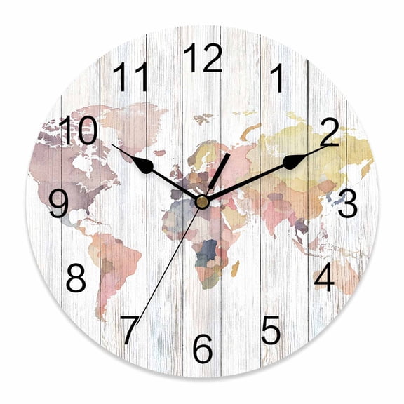 Wall Clock Maps Of The World Clocks PVC Silent Non-Ticking Battery Operated Decorative Earth Tourism Wood Grain Round Clock for Home Living Room Kitchen Bedroom Office School Wall Decor 10 Inch