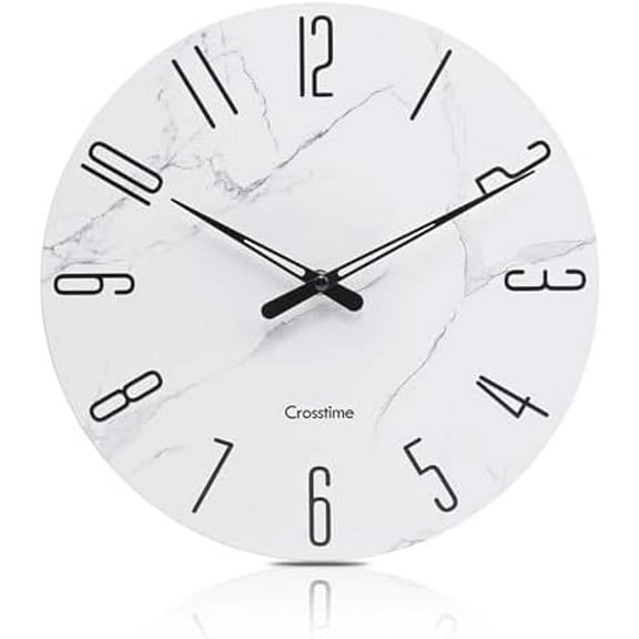 Wall Clock Marble White Modern Decorative Waterproof Glass Wall Clock for Bathroom Kitchen Home Decor, 12 Inch