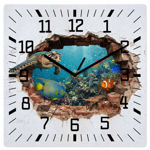 Wall Clock Marine Life Operated Square Clocks Wooden Silent Non-Ticking Wallclock 10 Inch Broken Wall Tropical Fish Turtle Wood Wall Clock for Living Room Bedroom Office Shool Home Decor
