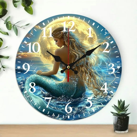 Wall Clock, Mermaid dolphin full moon Print, Battery Operated (AA Not Included), Perfect for Living Room, Dorm, Bedroom, Kitchen, Home Office & More, Wall Clock Living Room