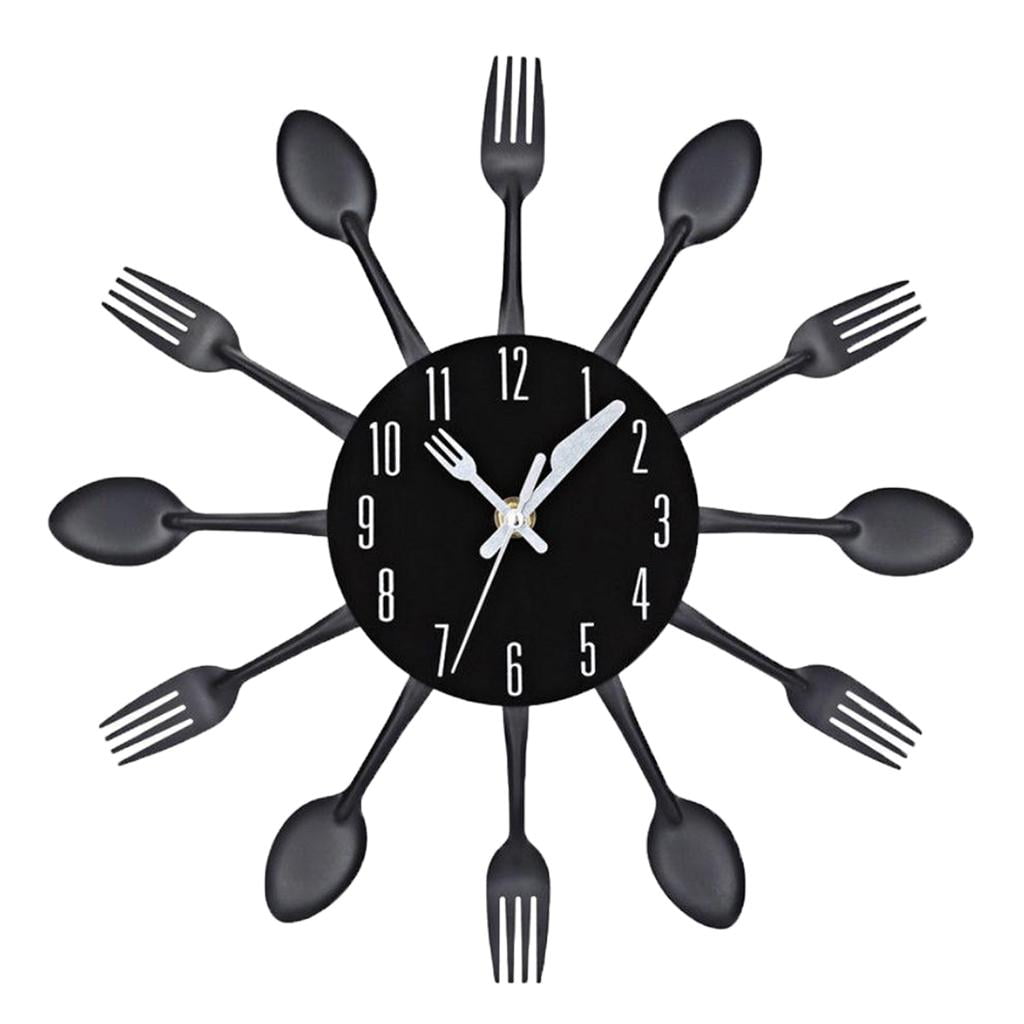 Wall Clock Metal Kitchen Cutlery Utensil Creative Home Decor Wall - Black
