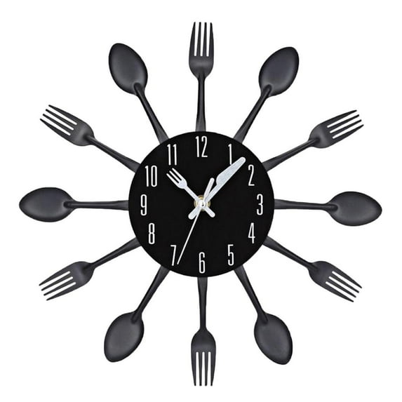 Wall Clock Metal Kitchen Cutlery Utensil Creative Home Decor Wall - Black