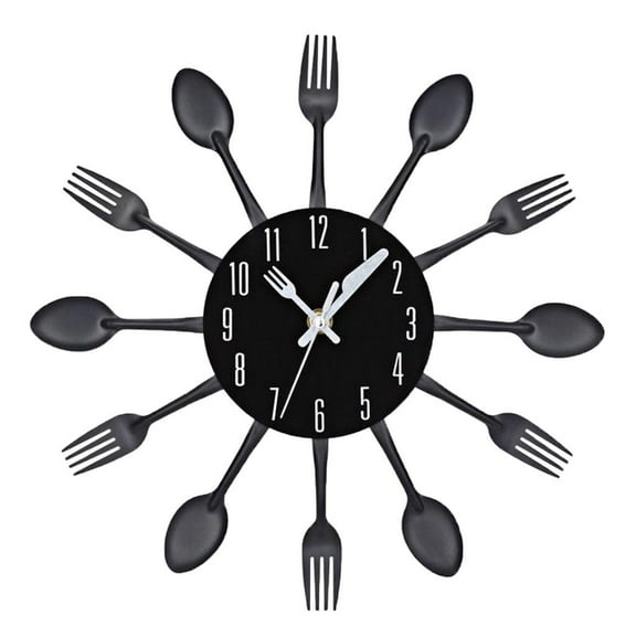 Wall Clock Metal Kitchen Cutlery Utensil Spoon Fork Wall Clock Creative Modern Home Decor - Black, as described