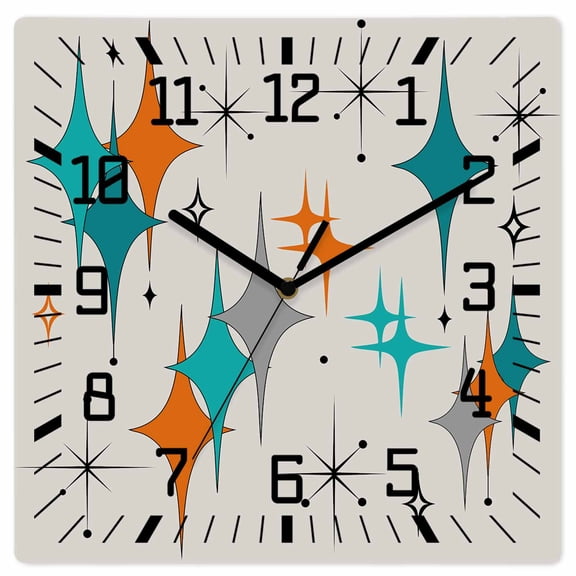 Wall Clock Mid Century Geometric Operated Square Clocks Wooden Silent Non-Ticking Wallclock 10 Inch Star Modern At Wood Wall Clock for Living Room Bedroom Office Shool Home Decor