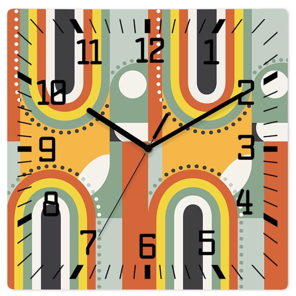 Wall Clock Mid Century Modern Operated Square Clocks Wooden Silent Non-Ticking Wallclock 10 Inch Abstract Geometric Yellow Wood Wall Clock for Living Room Bedroom Office Shool Home Decor