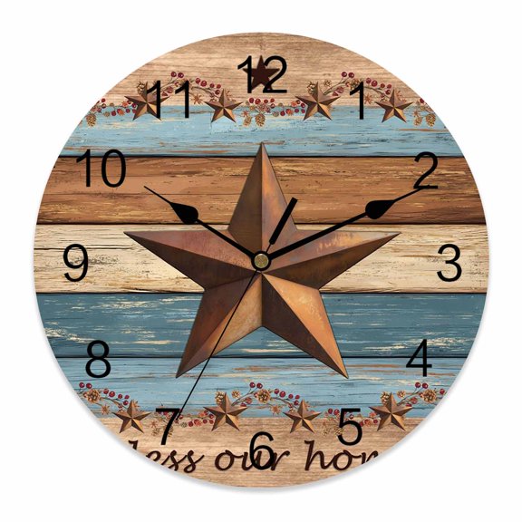 Wall Clock Mist Blue Wood Grain Clocks PVC Silent Non-Ticking Battery Operated Decorative Farmhouses Barn Star Berry Round Clock for Home Living Room Kitchen Bedroom Office School Wall Decor 10 Inch