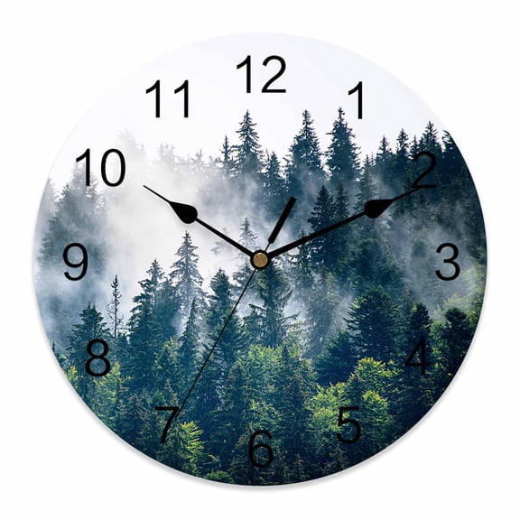 Wall Clock Misty Forest Clocks PVC Silent Non-Ticking Battery Operated Decorative Green Trees Mountain Landscape Round Clock for Home Living Room Kitchen Bedroom Office School Wall Decor 10 Inch