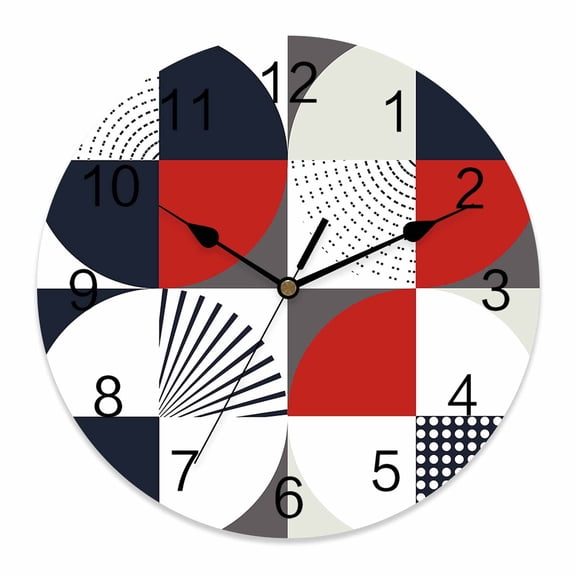 Wall Clock Modern Geometric Clocks PVC Silent Non-Ticking Battery Operated Decorative Red Abstract Mid Century Round Clock for Home Living Room Kitchen Bedroom Office School Wall Decor 10 Inch