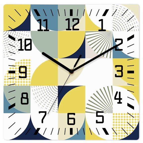 Wall Clock Modern Yellow Geometric Operated Square Clocks Wooden Silent Non-Ticking Wallclock 12 Inch Abstract Mid Century Wood Wall Clock for Living Room Bedroom Office Shool Home Decor