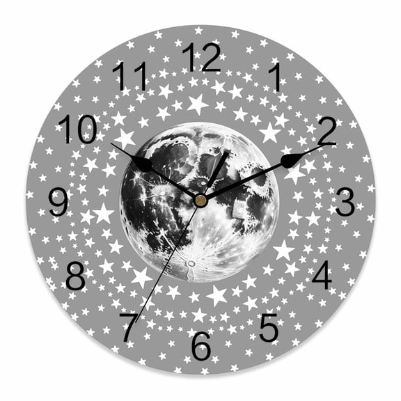 Wall Clock Moon Star Cluster Clocks PVC Silent Non-Ticking Battery Operated Decorative Grey Starry Night Round Clock for Home Living Room Kitchen Bedroom Office School Wall Decor 12 Inch