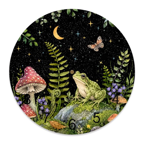 Wall Clock Moon Star Frog Clocks PVC Silent Non-Ticking Battery Operated Mushroom Wildflower Fern Forest Animal Round Clock for Home Living Room Kitchen Bedroom Office School Wall Decor 10 Inch
