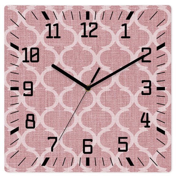 Wall Clock Moroccan Texture Operated Square Clocks Wooden Silent Non-Ticking Wallclock 10 Inch Retro Pink Linen Wood Wall Clock for Living Room Bedroom Office Shool Home Decor