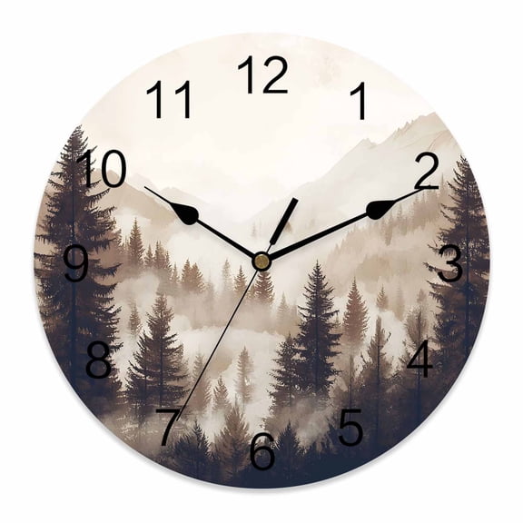 Wall Clock Mountain Forest Clocks PVC Silent Non-Ticking Battery Operated Decorative Tree Nature Woods Round Clock for Home Living Room Kitchen Bedroom Office School Wall Decor 10 Inch