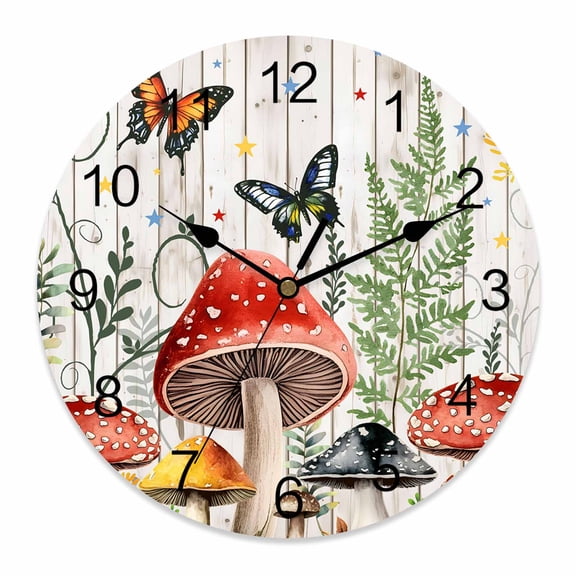Wall Clock Mushrooms Clocks PVC Silent Non-Ticking Battery Operated Decorative Butterflies Wood Grain Round Clock for Home Living Room Kitchen Bedroom Office School Wall Decor 10 Inch