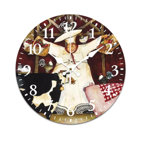 Wall Clock Mute Not Tick-Abstract Vintage Chef Cow Pig Oil Painting Pattern Funny Living Room and Kitchen Wall Clock, Battery Powered, Suitable for Home/Office/Bedroom