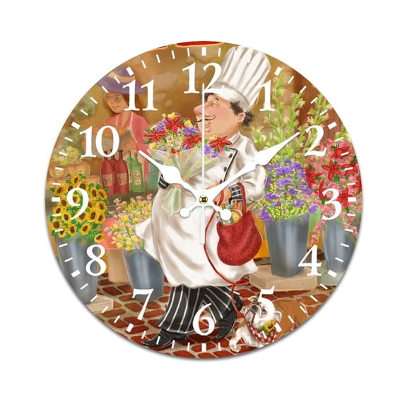 Wall Clock Mute without Ticking-Abstract Ink Painting Happy Chef Pattern Funny Living Room and Kitchen Wall Clock, Battery Powered, Suitable for Home/Office/Bedroom/Classroom