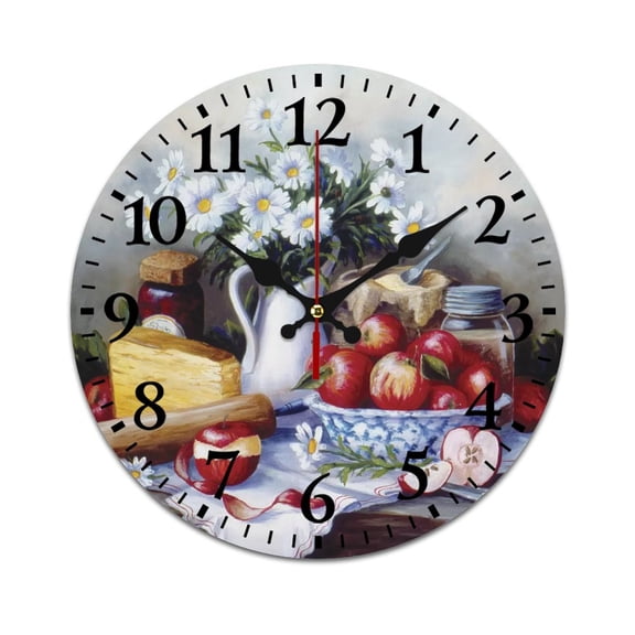 Wall Clock Mute without Ticking-Abstract Oil Painting Apple and Flower Pattern on Desktop Interesting Living Room and Kitchen Wall Clock, Battery Powered, Suitable for Home/Office/Bedroom