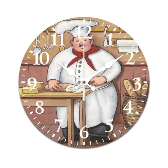Wall Clock Mute without Ticking-Abstract Oil Painting Chef Cut Bread Pattern Funny Living Room and Kitchen Wall Clock, Battery Powered, Suitable for Home/Office/Bedroom