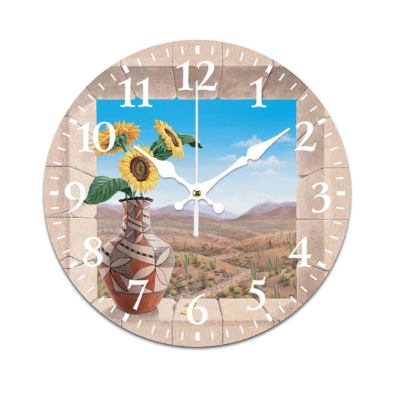 Wall Clock Mute without Ticking-Abstract Oil Painting Sunflower Pattern in Front of the Window Interesting Living Room and Kitchen Wall Clock, Battery Powered, Suitable for Home/Office/Bedroom
