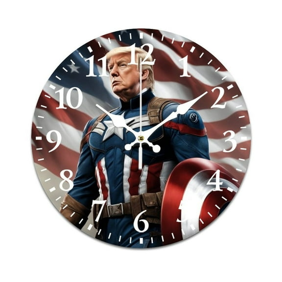 Wall Clock Mute without Ticking-American Hero Captain Pattern Funny Living Room and Kitchen Wall Clock, Battery Powered, Suitable for Home/Office/Bedroom/Classroom