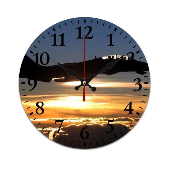 Wall Clock Mute without Ticking-Flying Fighter Sunset Pattern Funny Living Room and Kitchen Wall Clock, Battery Powered, Suitable for Home/Office/Classroom/School