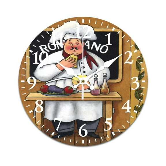 Wall Clock Mute without Ticking-Oil Painting Chef with Cheese Pattern Funny Living Room and Kitchen Wall Clock, Battery Powered, Suitable for Home/Office/Bedroom